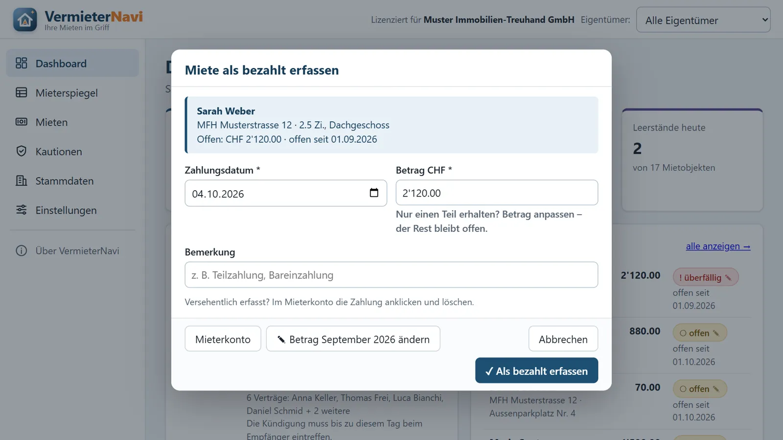 Miete als bezahlt erfassen in VermieterNavi
