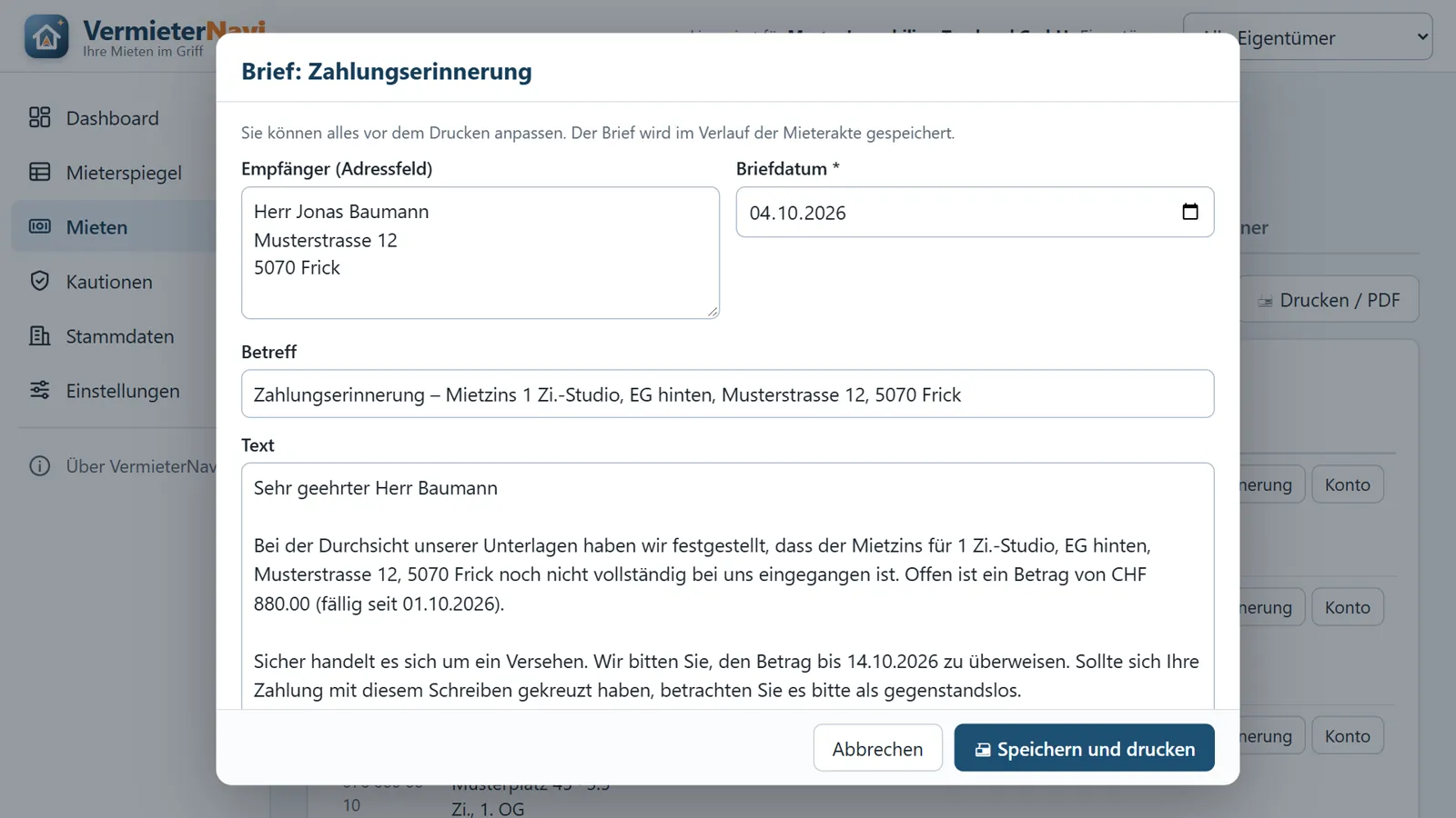 Mahnung mit automatisch eingesetzten Angaben
