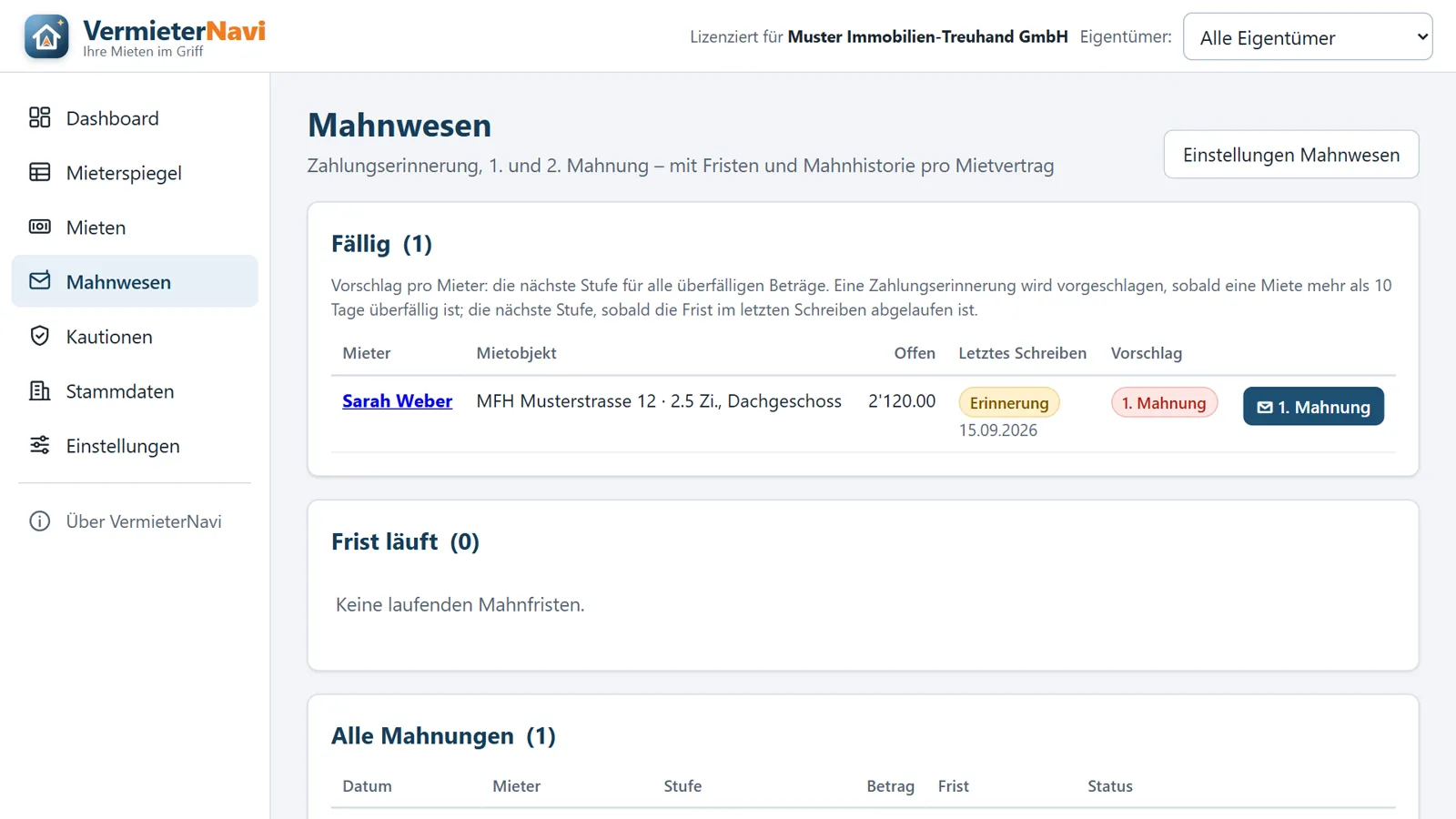 Mahnwesen Plus in VermieterNavi (Bildschirmfoto mit Beispieldaten)